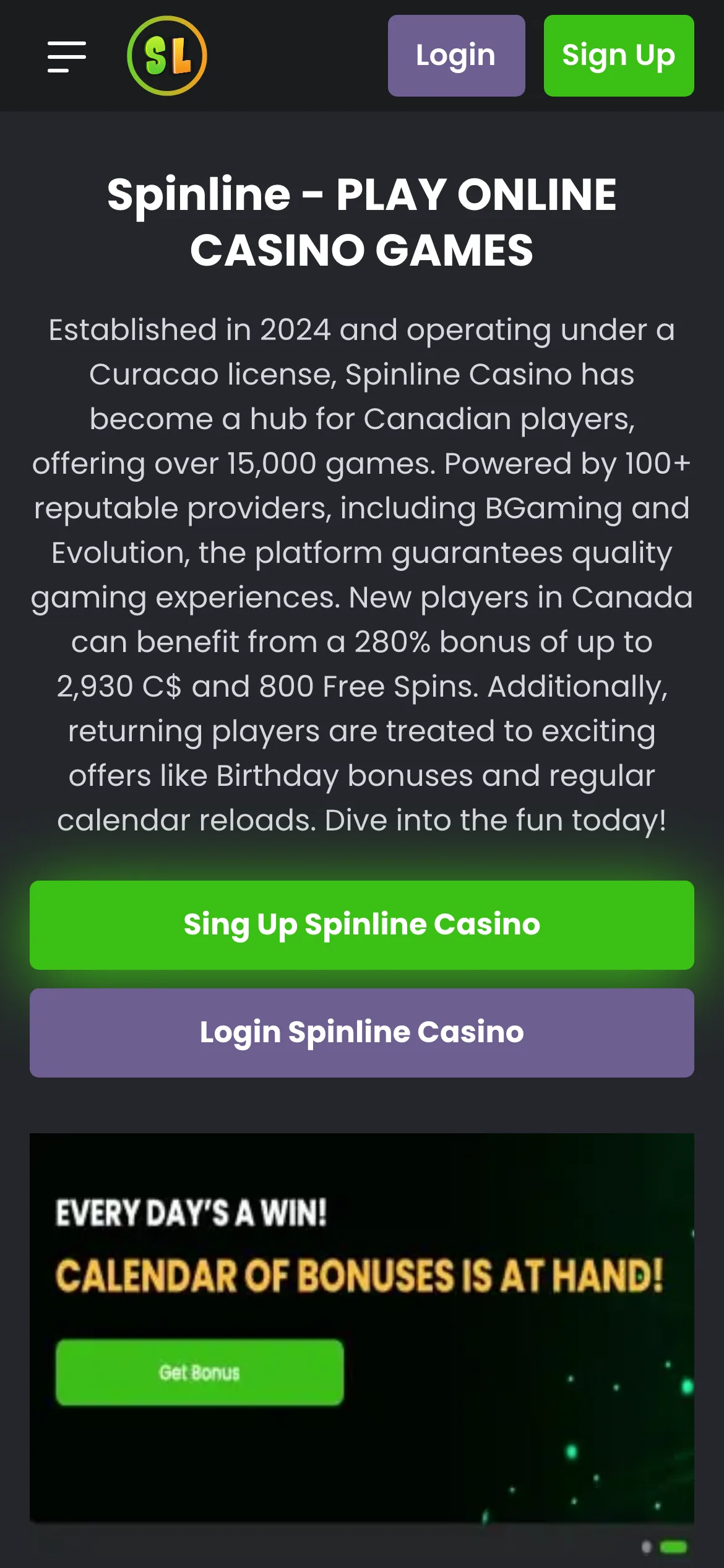 Spinline Casino mobile lobby screenshot